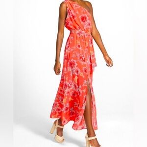 Leith One Shoulder Floral Coral Orange Maxi‎ Dress Thigh Slit Lined Size XS